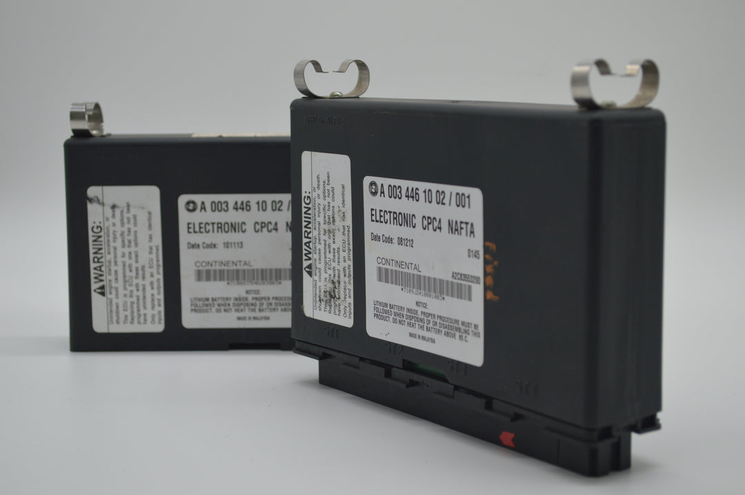 Close-up of Freightliner CPC4 module with visible Continental branding and CPC4 NAFTA label, part number A0034461002, ready for plug-and-play repair service.