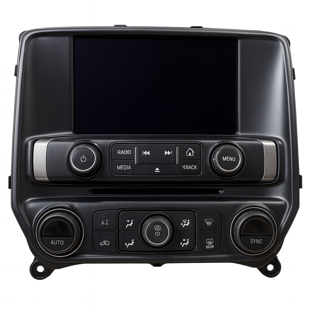 Chevrolet GMC infotainment and climate control module repair service with touchscreen, radio, and A/C controls.