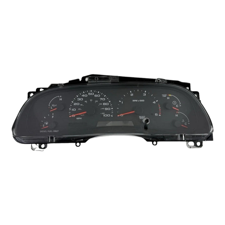 Full front view of a 2002–2004 Ford Super Duty instrument cluster with speedometer, tachometer, fuel, temperature, and diesel fuel only gauges.