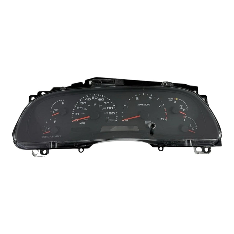 Full front view of a 2002–2004 Ford Super Duty instrument cluster with speedometer, tachometer, fuel, temperature, and diesel fuel only gauges.