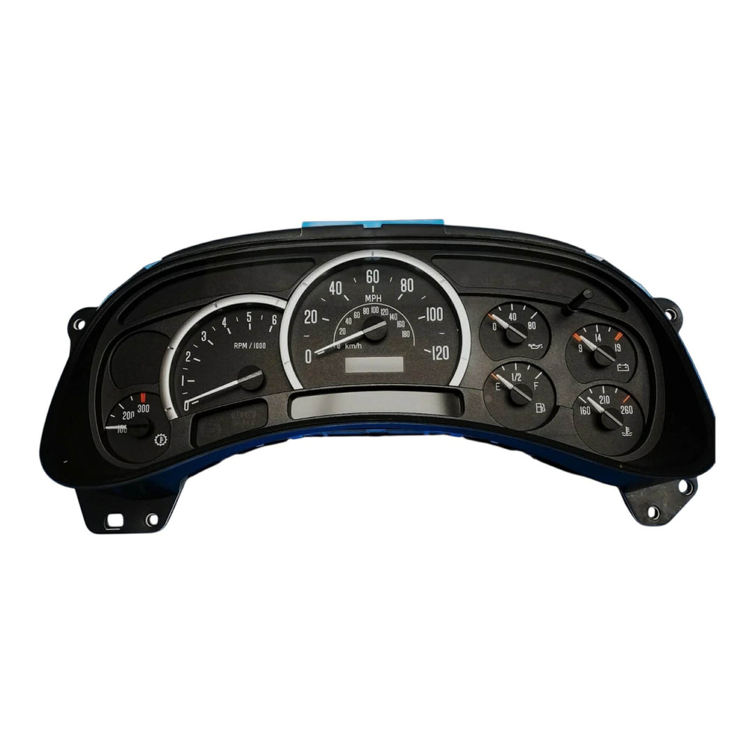 2004 Cadillac Escalade instrument cluster with black gauge faces showing speedometer, tachometer, fuel, oil pressure, voltage, and temperature gauges.