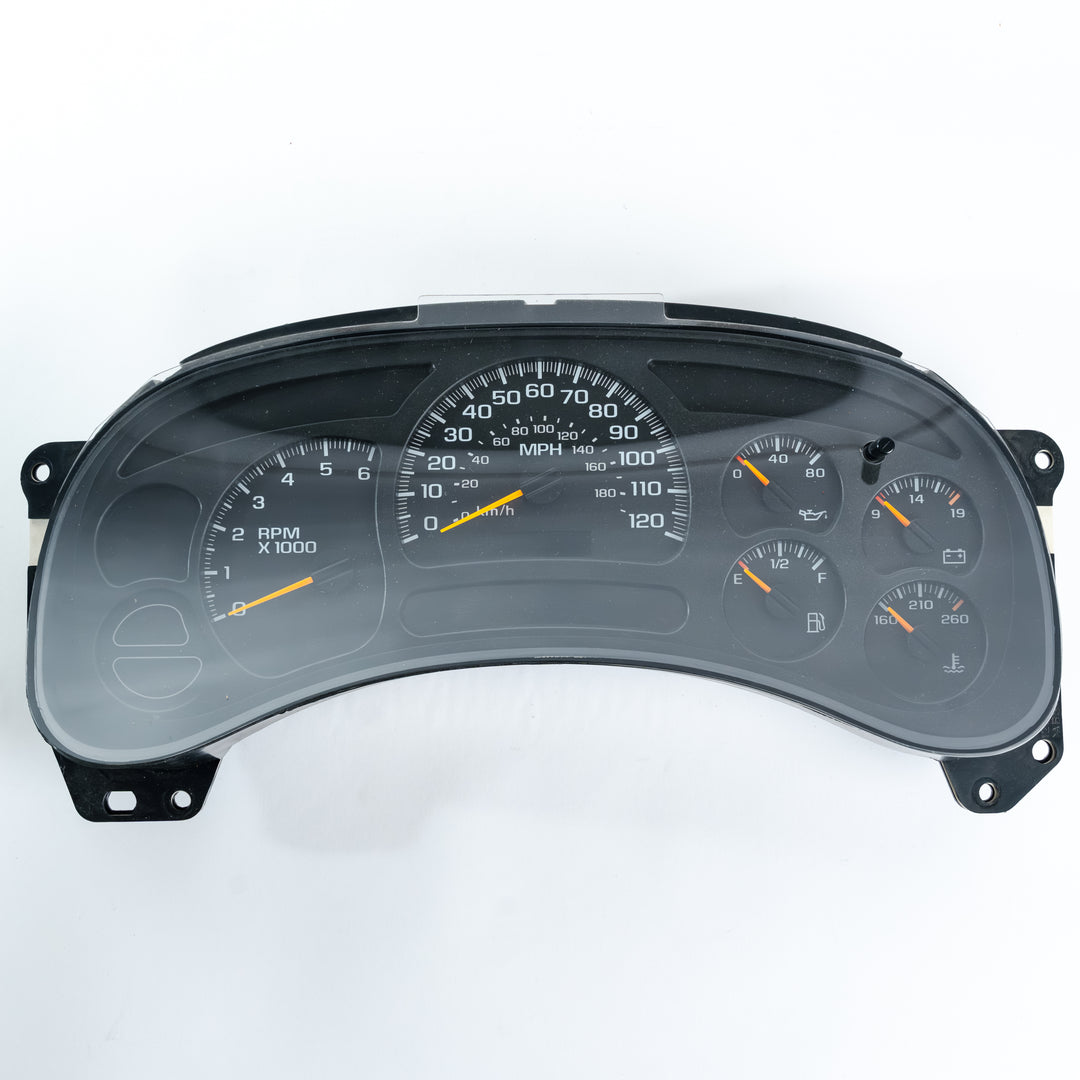 2003–2006 Chevy Silverado and GMC Sierra instrument cluster showing speedometer, tachometer, fuel gauge, temp gauge, and oil pressure gauge panel. Common GM gauge cluster repair for stepper motors, backlighting, and dead gauge issues.
