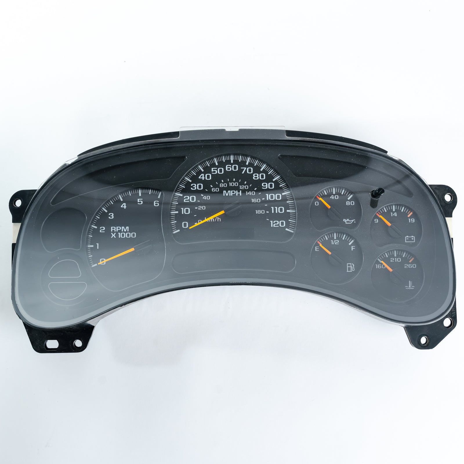 2003–2006 Chevy Silverado and GMC Sierra instrument cluster showing speedometer, tachometer, fuel gauge, temp gauge, and oil pressure gauge panel. Common GM gauge cluster repair for stepper motors, backlighting, and dead gauge issues.
