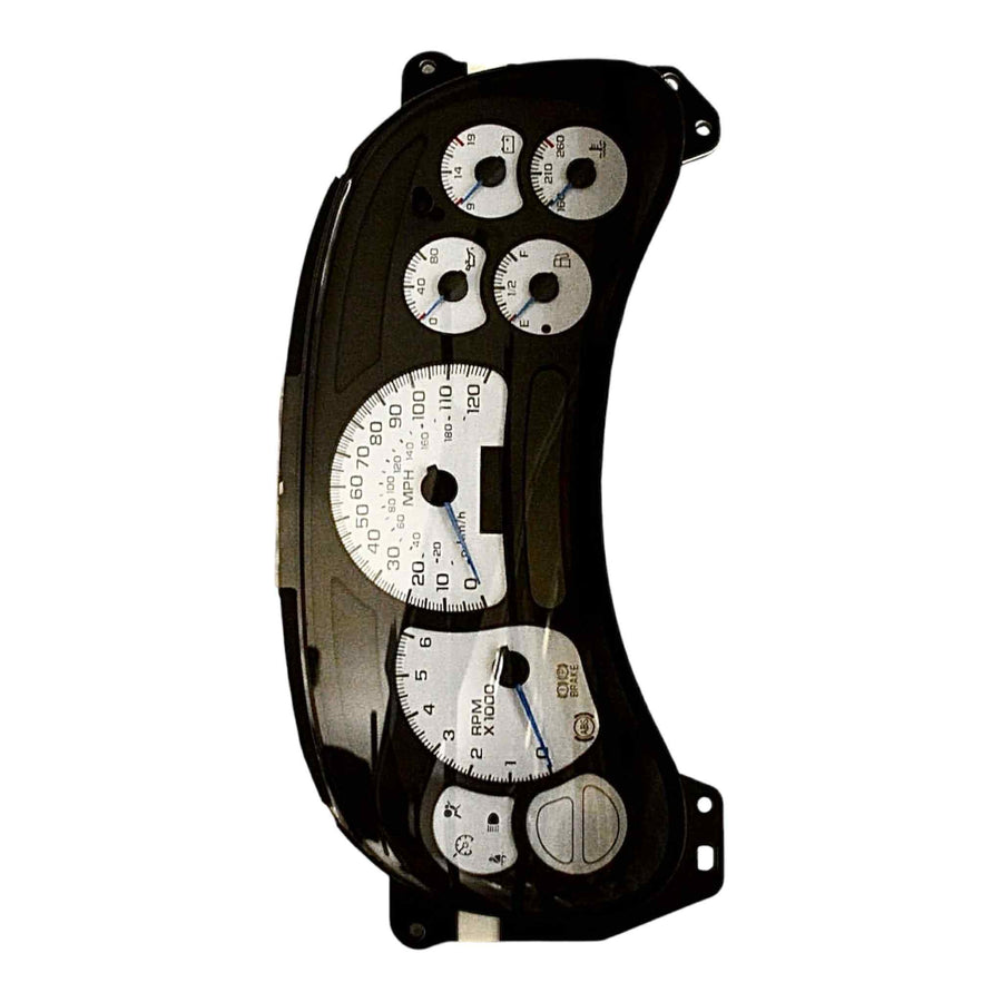 Illuminated instrument cluster from a 2003 Chevrolet Tahoe showing odometer reading and functioning gauges.