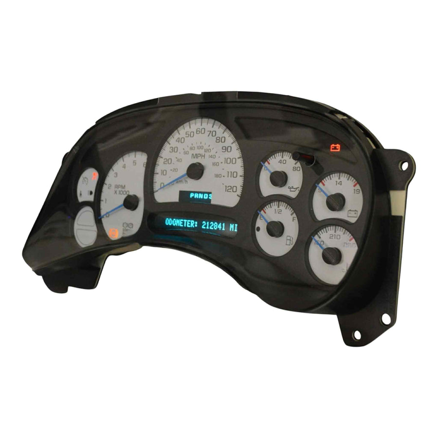 2003 GMC Yukon instrument cluster with white face gauges, showing speedometer and tachometer ready for professional rebuild service