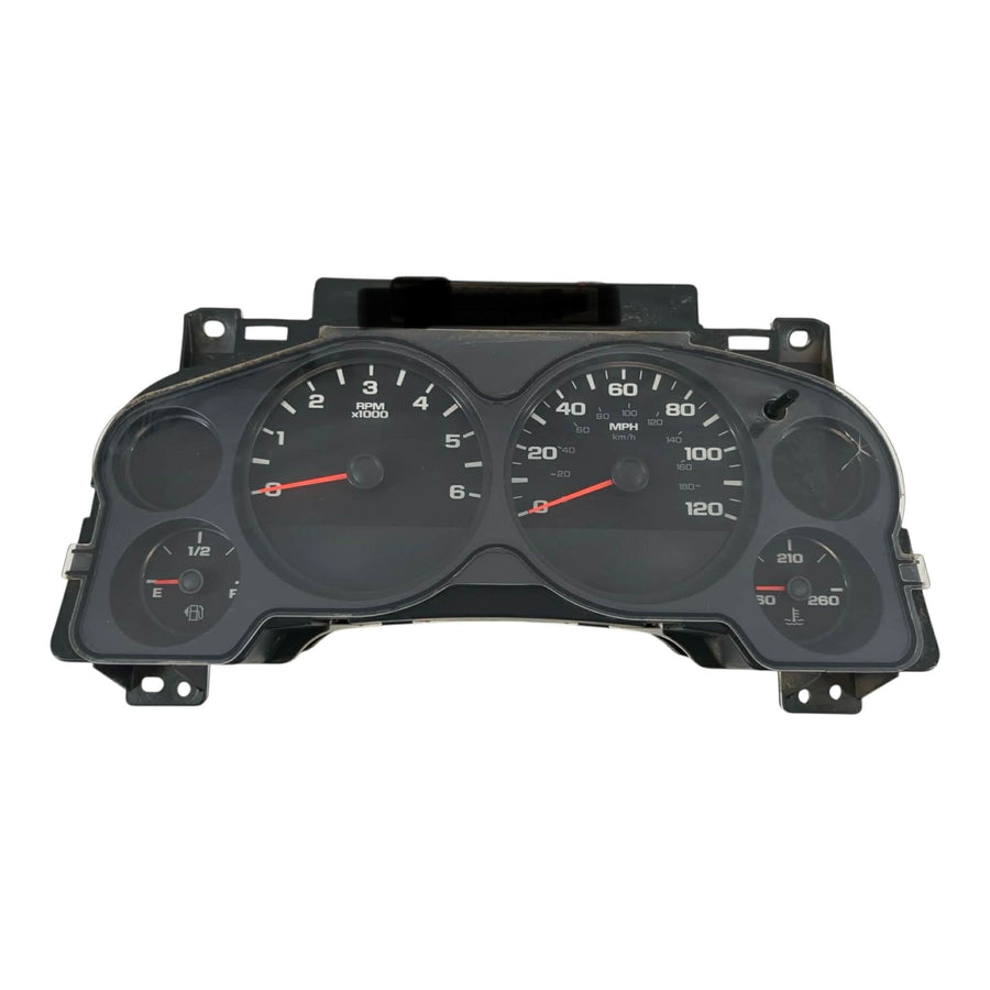 2008 GM GMC Chevrolet instrument cluster with speedometer, tachometer, fuel gauge, and temperature gauge for Silverado, Sierra, Tahoe, Suburban, Yukon