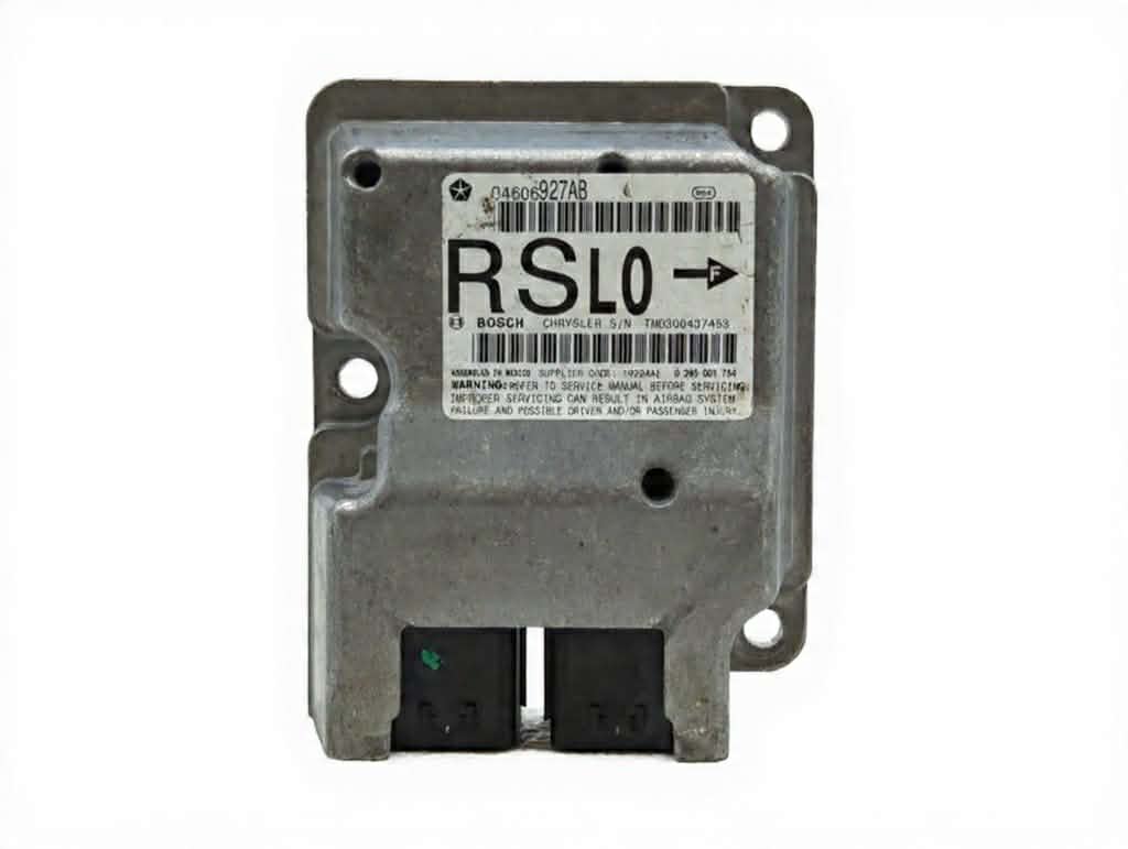 Front label view of Chrysler SRS airbag control module RSL0 Bosch unit with barcode and part number