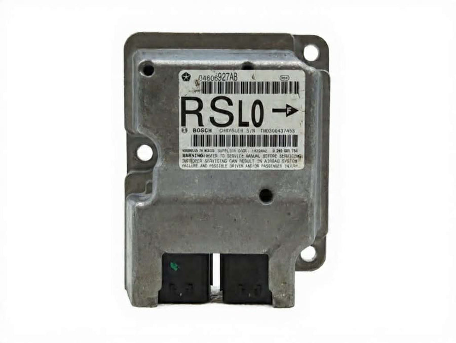 Front label view of Chrysler SRS airbag control module RSL0 Bosch unit with barcode and part number