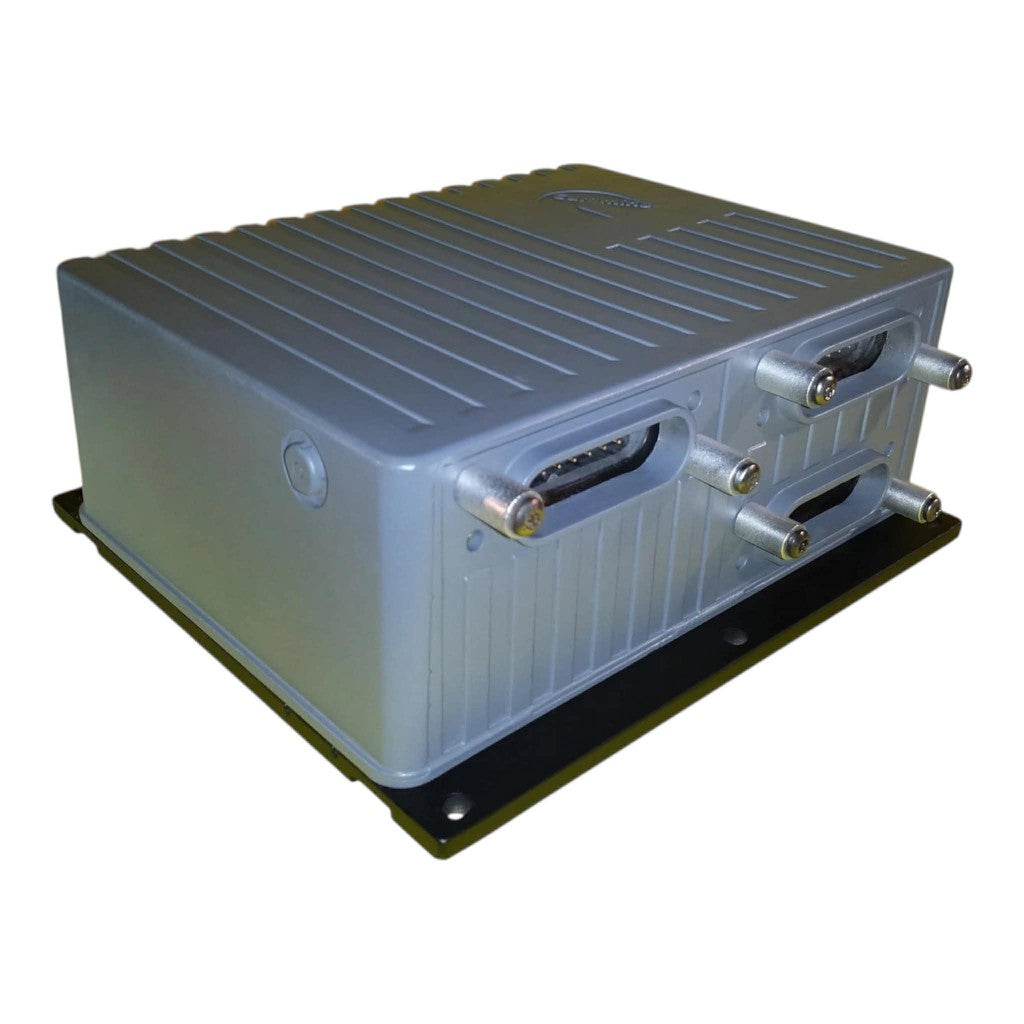 Cummins Celect Plus ECM engine control module with aluminum case and front-facing connectors shown on mounting plate.
