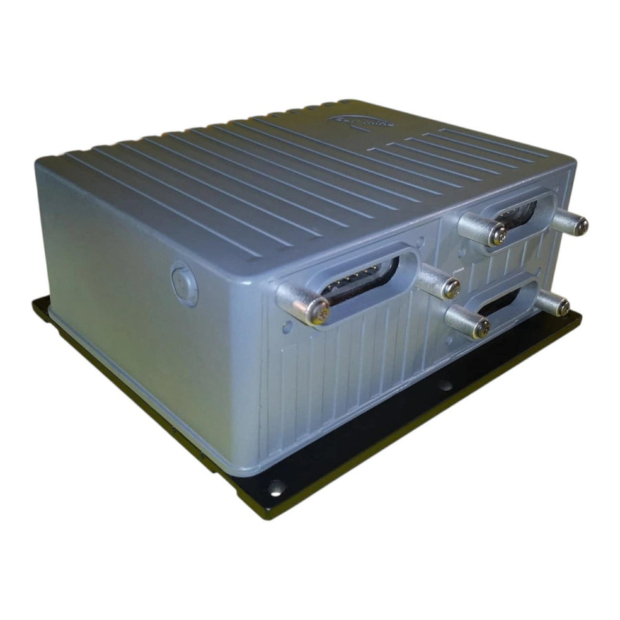 Cummins Celect Plus ECM engine control module with aluminum case and front-facing connectors shown on mounting plate.
