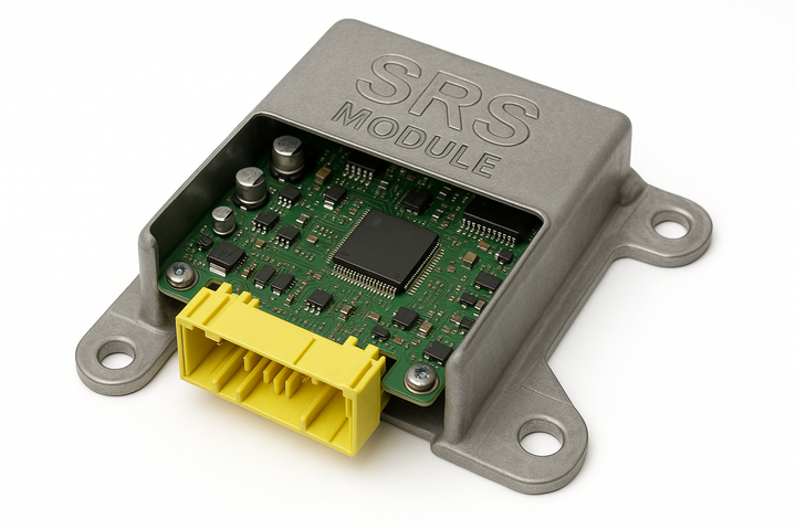 Generic SRS airbag control module with internal circuit board exposed on white background – crash data reset and airbag module repair service.